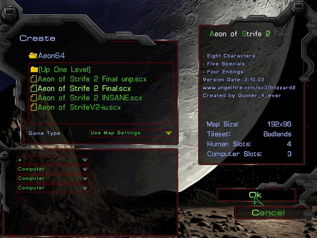 The Starcraft map selection menu, showing several available Aeon of Strife maps, including a brief description of the one and its author