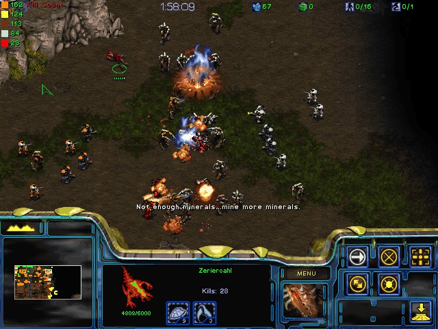 The zergling hero approaches a lane of the basic troops gunning away at each-other