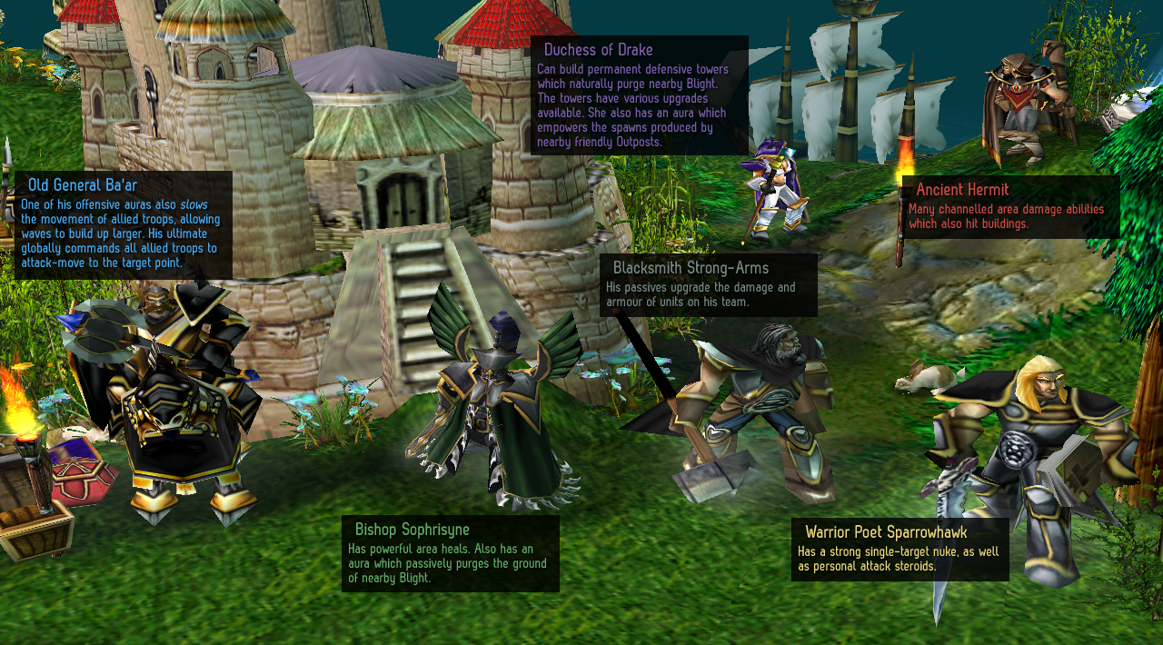 The six human heroes, with descriptions of each