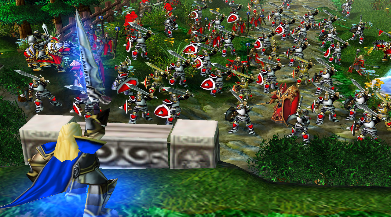 A cinematic shot where a hero modeled on Arthas raises his sword, while an army in the field below cheers