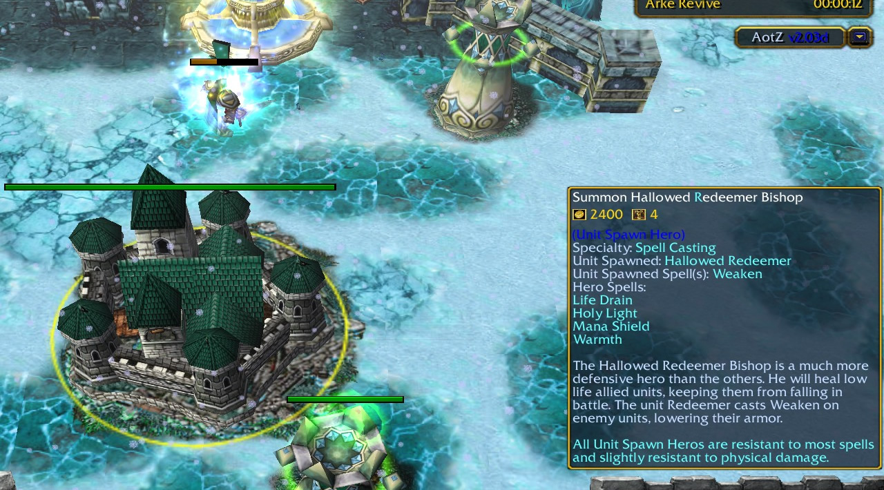 Picture of a Hallowed Order base, with green, grey, and cyan colours. A tooltip appears in a similar colour scheme