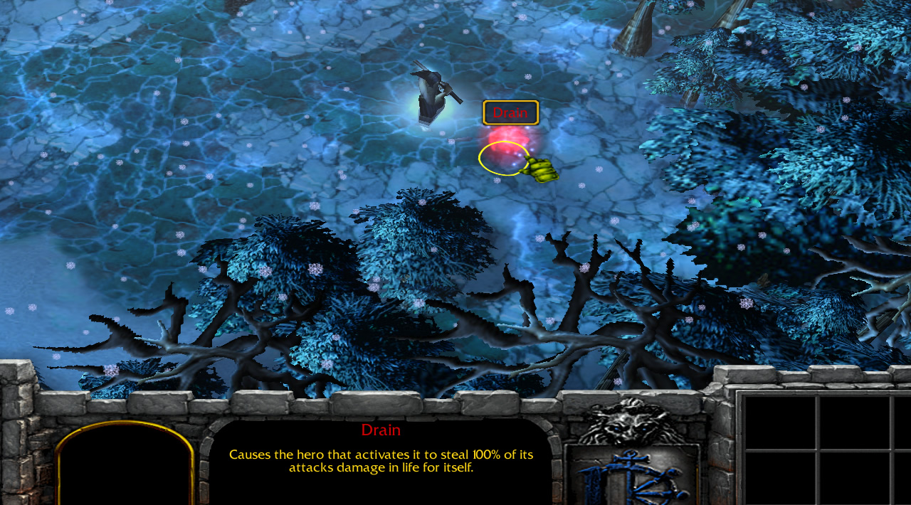 A samurai hero approaches a red powerup rune, titled 'Drain' and claiming to offer 100% life leech on attacks for a time