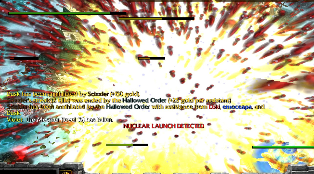 The screen is almost whited out by a giant explosion with blood flying everywhere. Some Hallowed buildings can be seen in the background