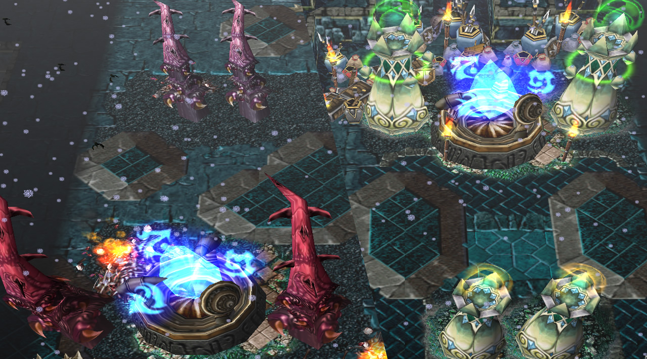Shows a split-screen with both Power Plants. Each is defended by four towers