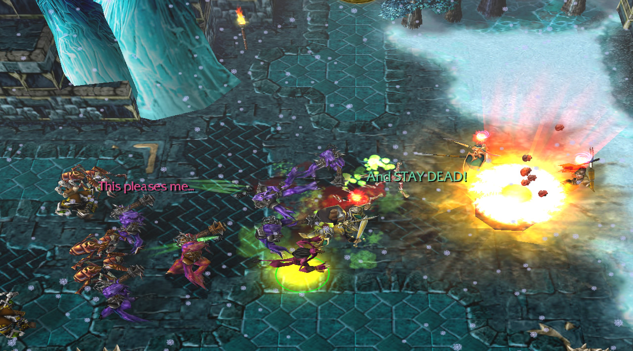 As troops clash, a creature of the bane hisses "This pleases me..." while a Hallowed Solider yells "And STAY DEAD!"