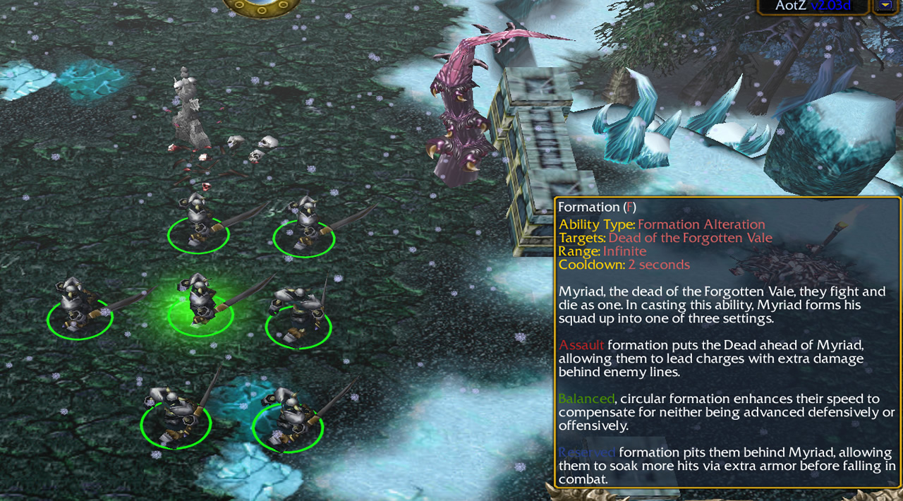 Seven skeletal swordsmen stand in formation. A tooltip describes the three available formations and their bonuses: Assault adds damage, Balanced adds speed, Reserved adds armour