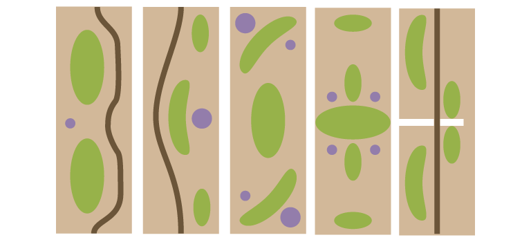 Five tiles, with various arrangements of lane, jungle, and pathing blockers.