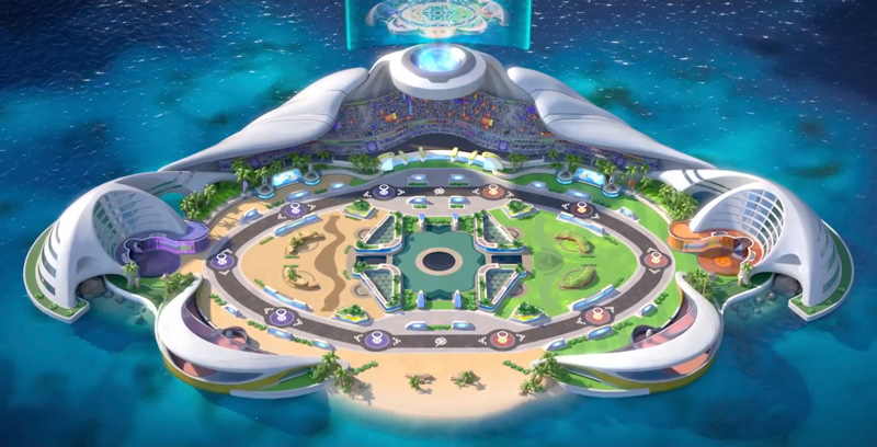 Overhead view of an island stadium with the Pokémon UNITE battlefield