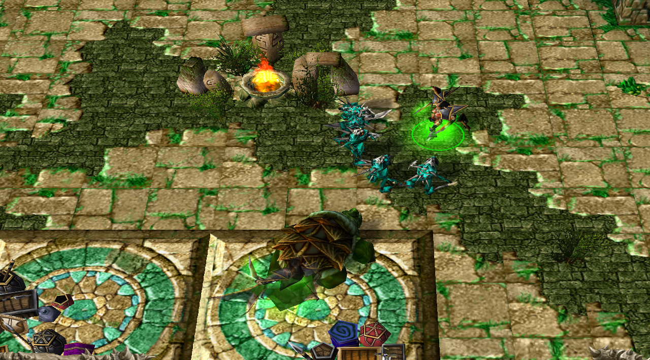 A hero tackles a sea turtle and five murlocs in a typical jungle camp engagement