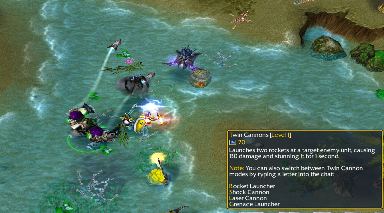 A goblin shredder robot launches two rockets at an enemy. Meanwhile, the ability's tooltip is visible, describing how to switch between sub-abilities