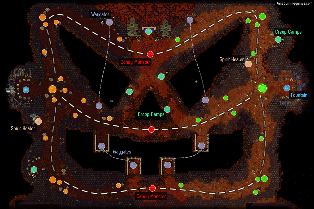 Overhead view of the battlefield. It's modeled on a scary pumpkin face!