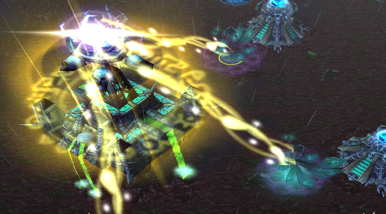 Three liches channel beams that maintain a giant golden shield around their main base
