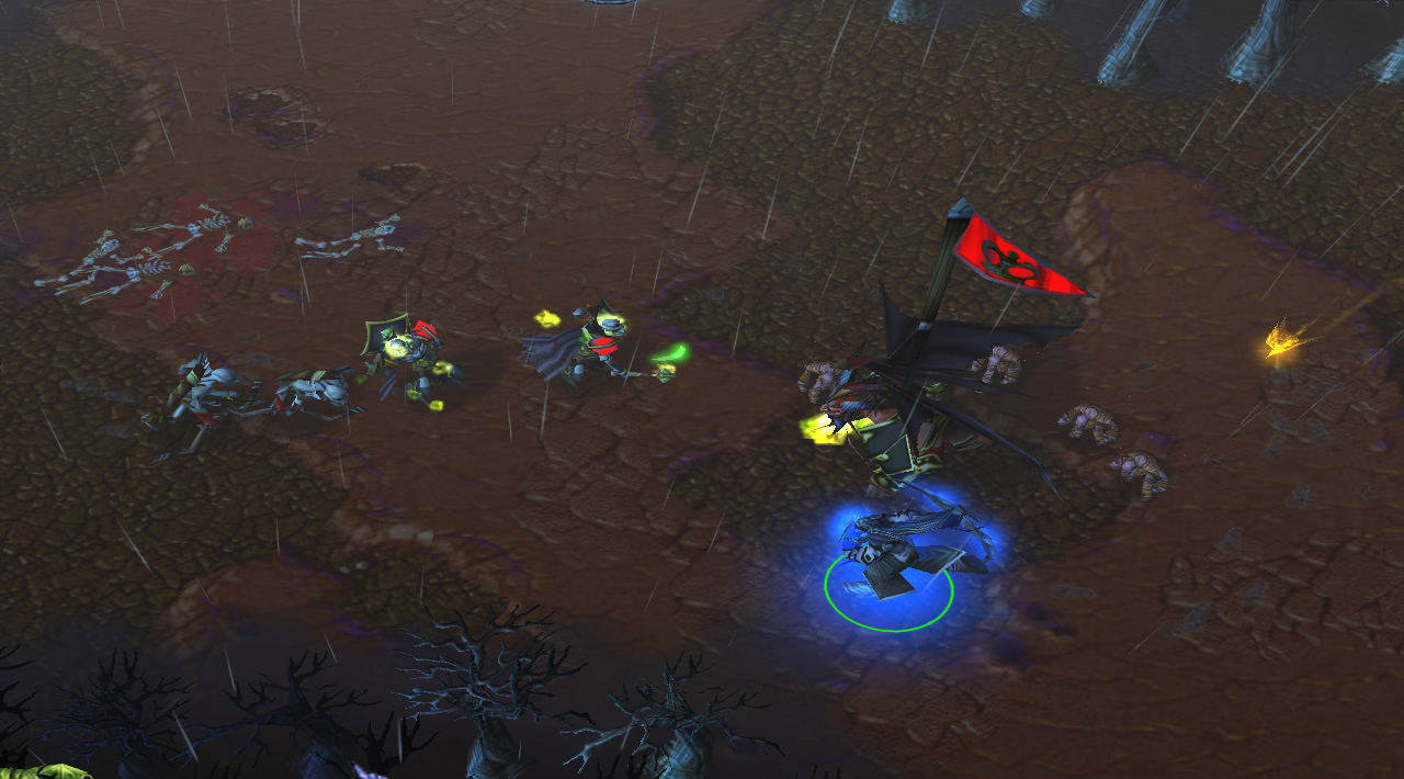 One of the Candy Monsters is being walked along a lane by a hero. It has a coloured flag to indicate which team is in control