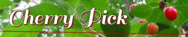 "Cherry Pick" in a script font, with cherry foliage in the background