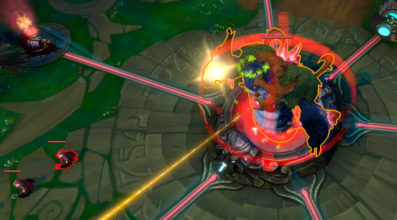 The torso of a large creature emerges from a platform, positioned as the main base
