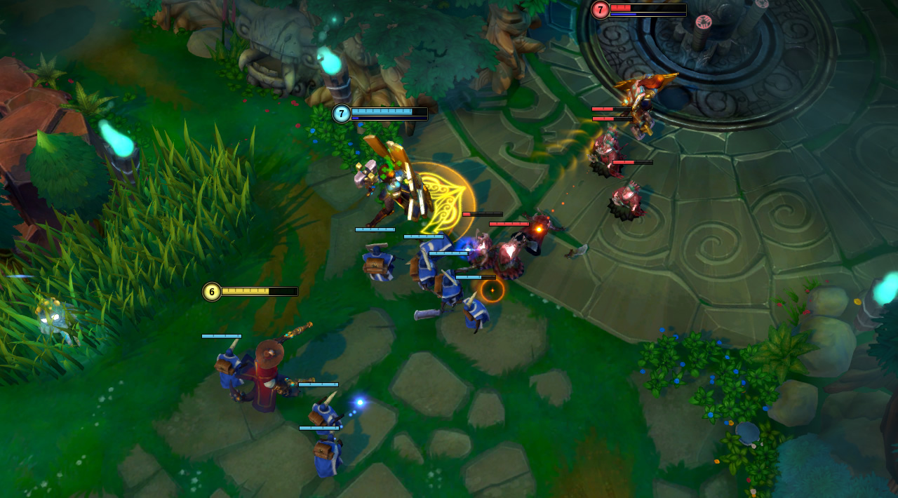 A lane with grass and rocks, troops engaging each-other, and the Shaper Ronan who wears a cowboy-style hat and holds two pistols