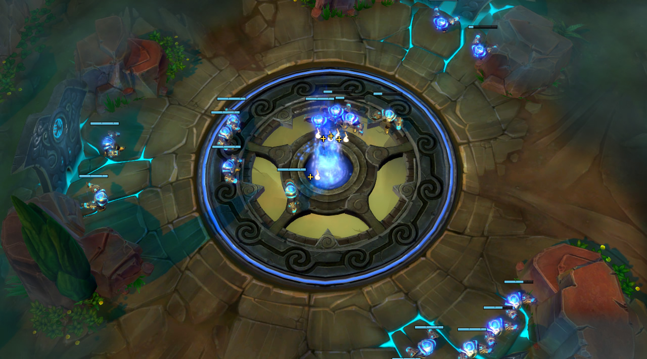 A circle is engraved in the ground, and small worker units run between the center of the circle and three mineral deposits at the edges