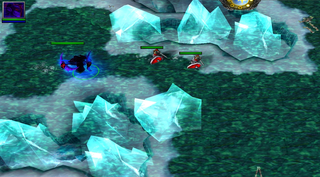 A demon hunter follows two footmen through a narrow patch of shallowness in the icy water