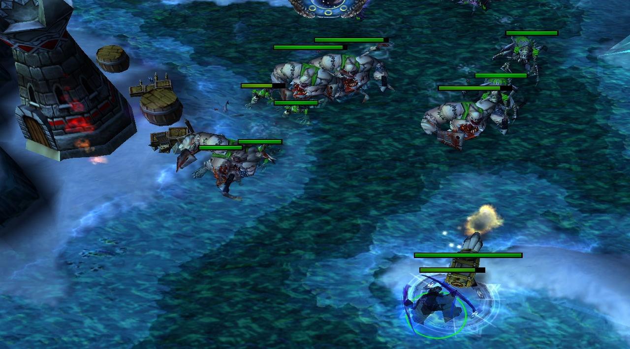 A hero stands on a circular pad, while the nearby rotating-barrel machine gun blasts away at oncoming enemy troops