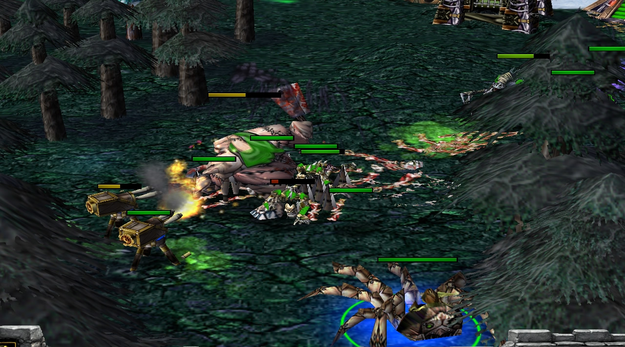 A mechanical spider houses a goblin, who looks on as spikes burst from the ground and damage various undead units trying to approach