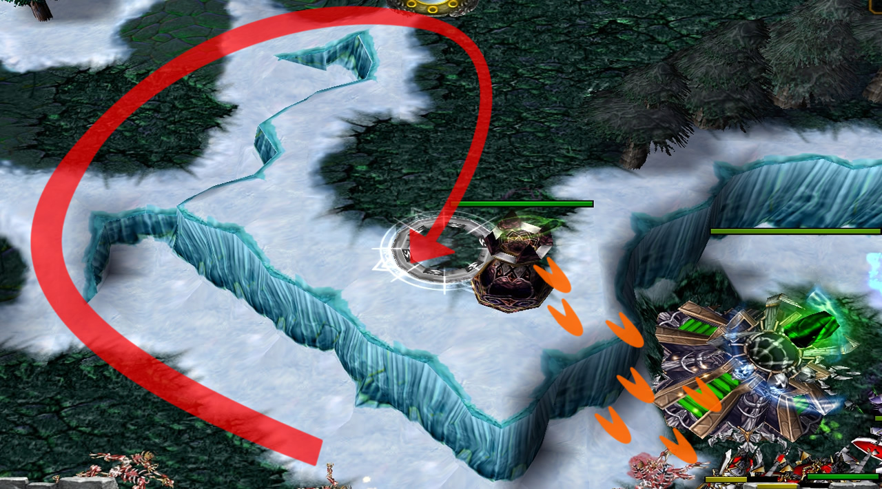A red arrow demonstrates the long walk around that it takes to reach and activate a mounted gun on a cliff