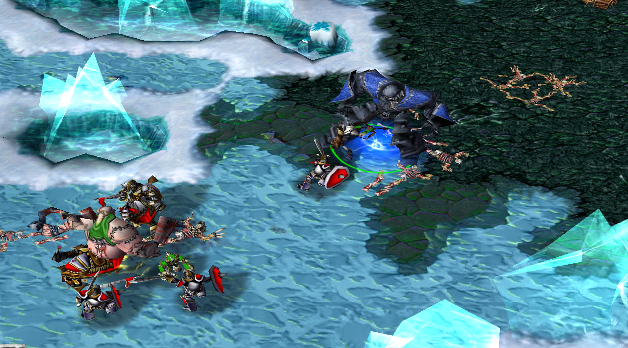 A large blue and grey robot stands on lane, towering over the troops below
