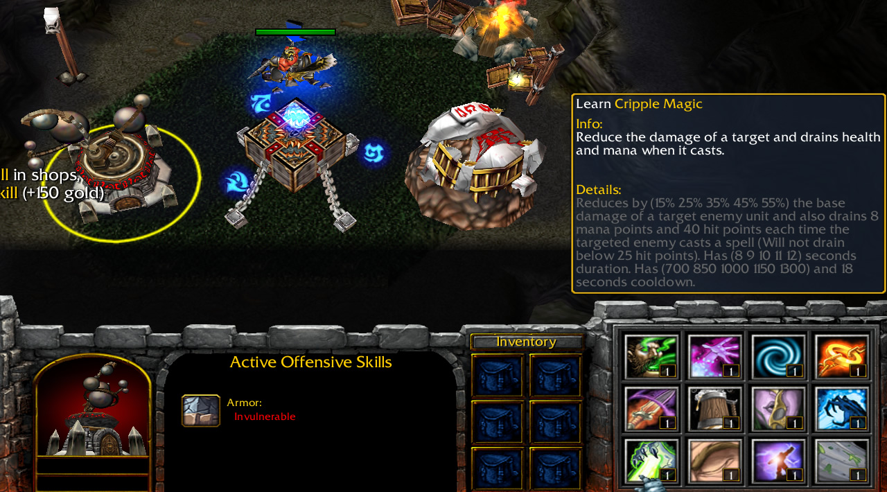 A shop titled "Active Offensive Skills" is shown full of abilities
