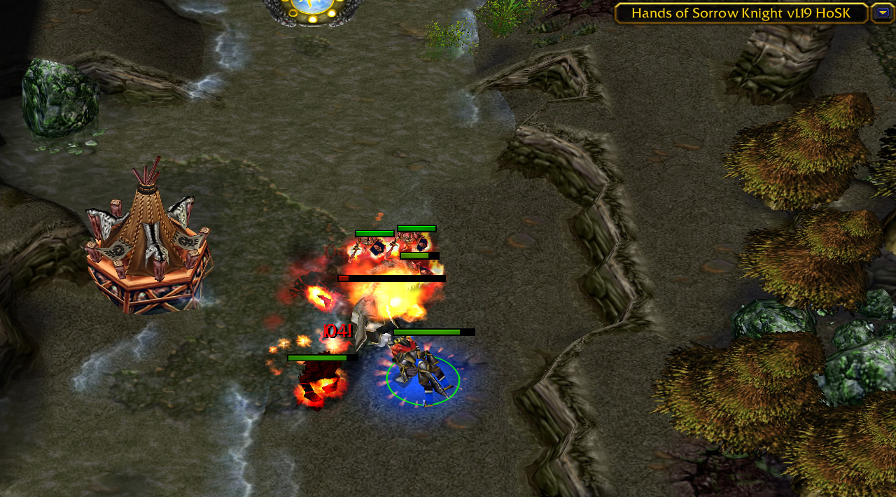 A hero fights various fiery monsters in shallow water beside a Spirit Lodge