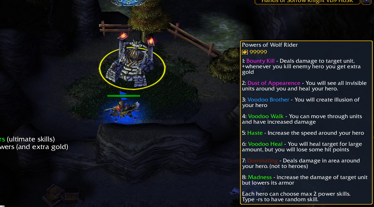 A tooltip lists the eight available Powers for the Wolf Rider hero