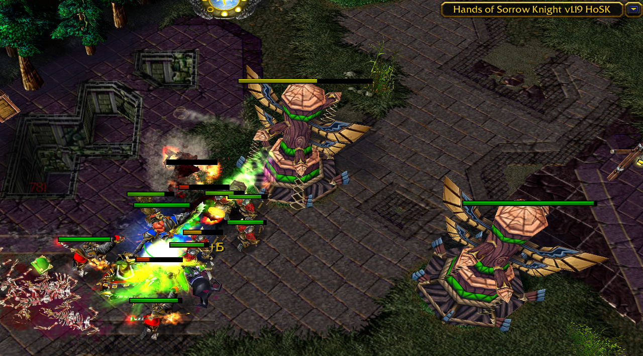 Two totem-like towers spam projectiles at an approaching wave of units and summons
