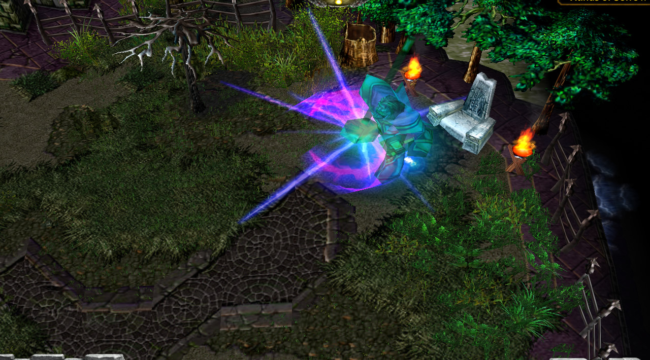 A giant ghostly paladin stands in front of a seat, in a private garden. Its weapon glows with a lot of magic