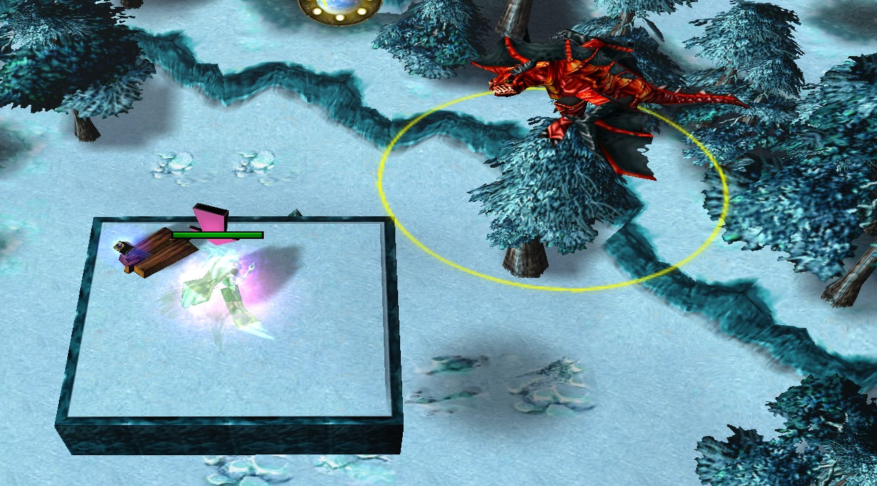 A red dragon swoops towards an icy platform floating in the air. A hero stands on the platform, beside a pulled lever