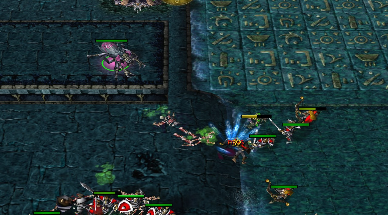 A spider hero is on a raised wall platform, with no path by which to leave it. Below, troops are clashing, still within the spider's attack range