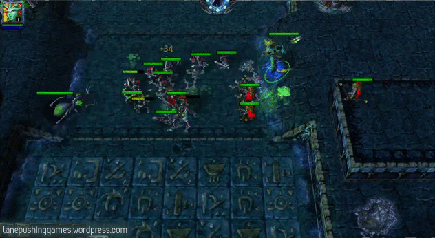 Troops battle on a platform as it lowers into the water, and a nearby platform raises to form a wall (with one archer now trapped on top)