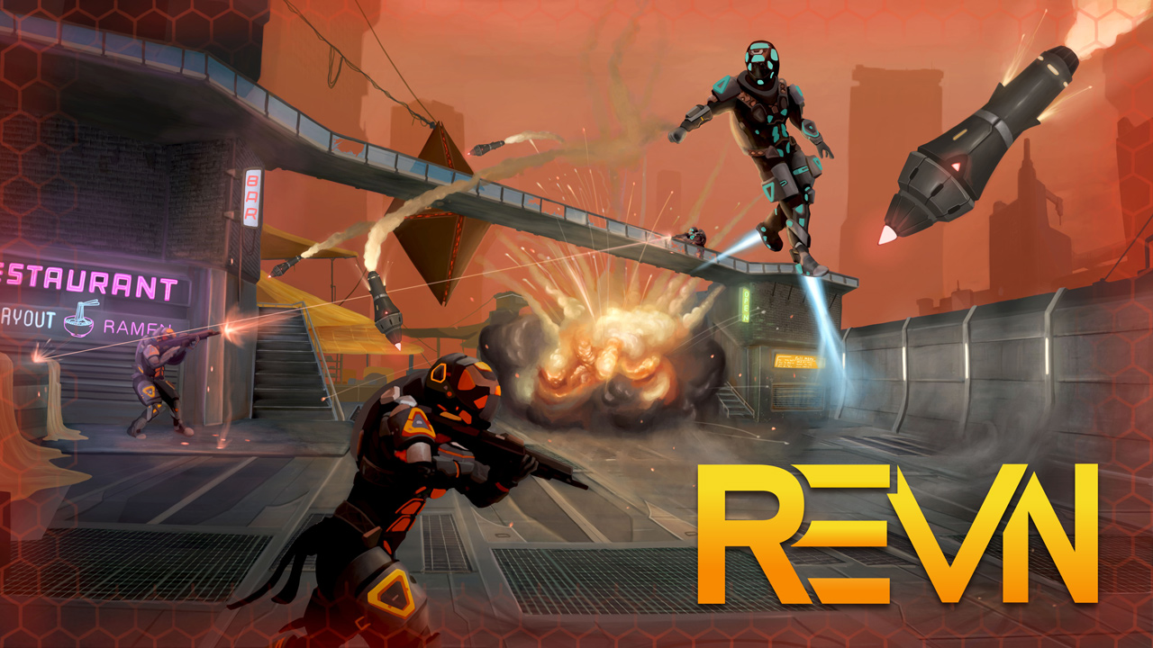 Splash art with cybersuit fighters using guns, rockets, and jetpacks