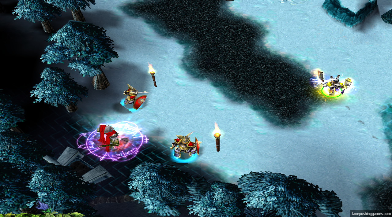 A paladin hero waits off-lane in the forest, and has several auras visibly active