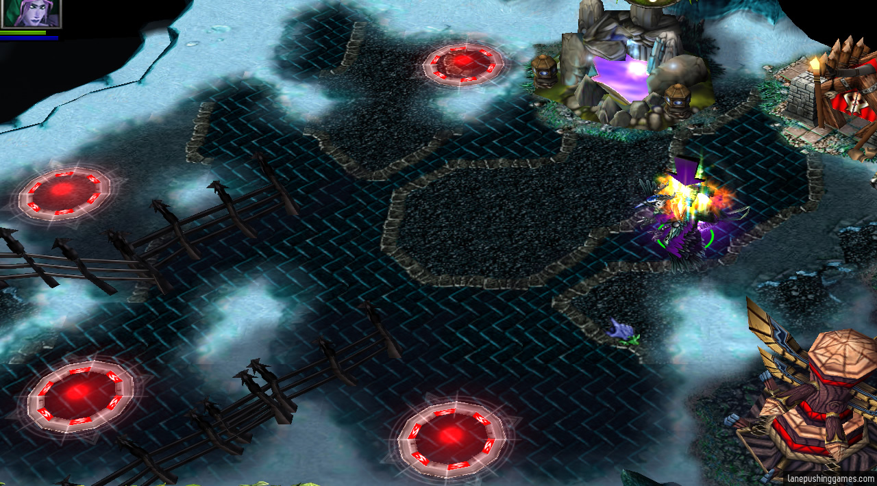 A fountain in a walled-off room, with several spaces marked as teleporters