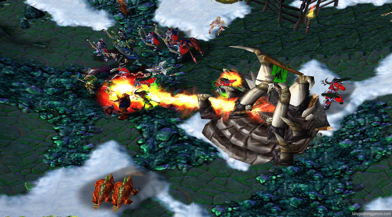 A building shoots fire at nearby enemy troops