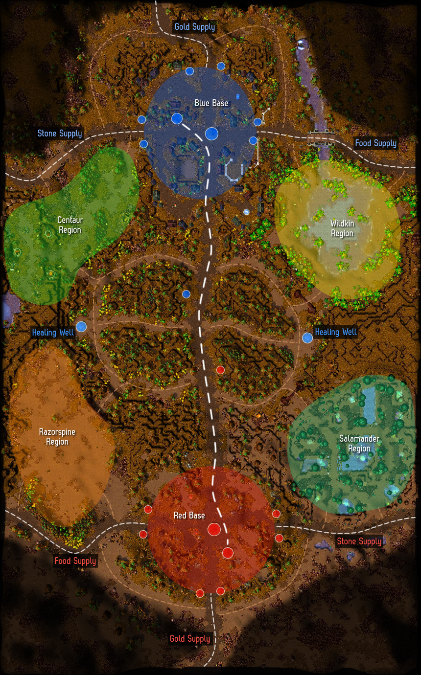 Overview of the battlefield. The layout is vertical, with a central lane and six zones surrounding it