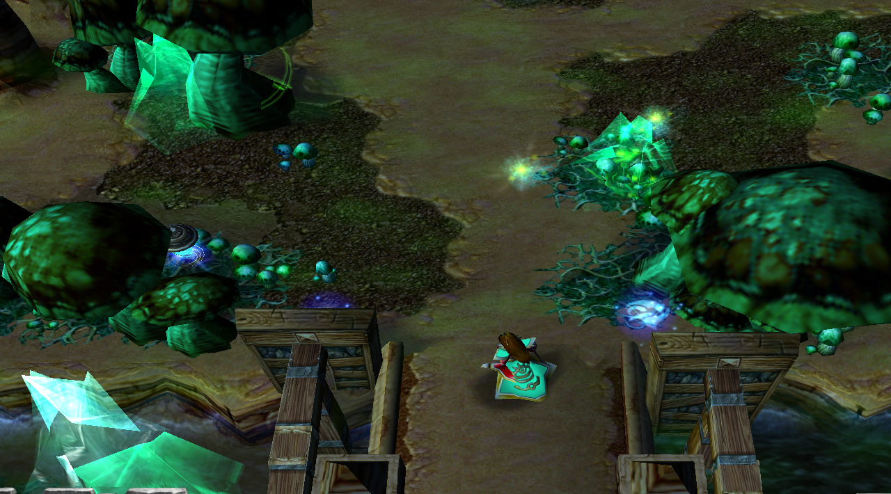 A sorcoress hero stands in a foggy cave, filled with teal crystals andgiant cyan/green mushrooms
