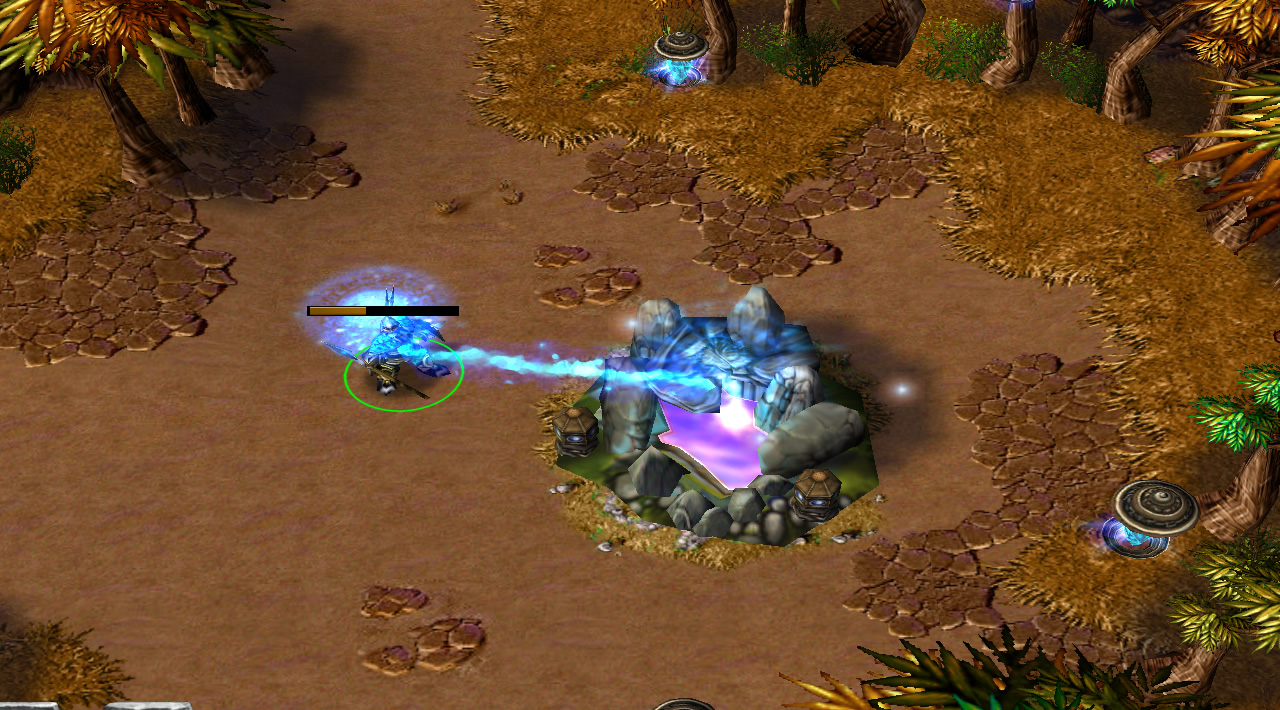 A hero stands in a mostly open area beside a healing fountain. A graphic connects the fountain to the hero, and shows blue energy moving in the hero's direction