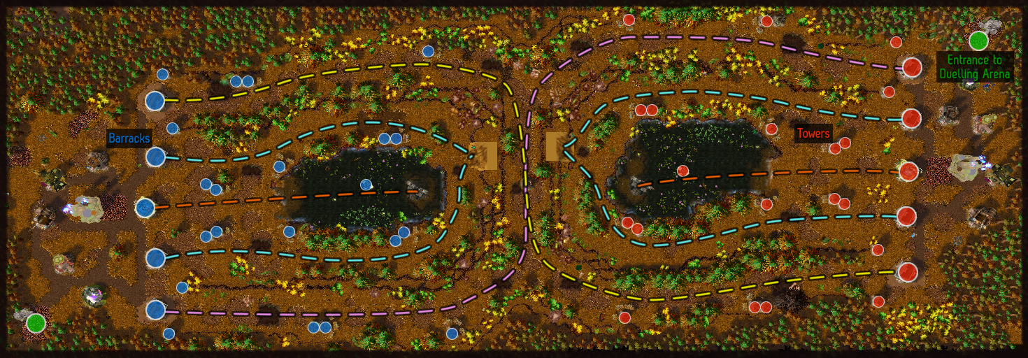 Overhead view of the battlefield. There are practically no gaps between the lanes