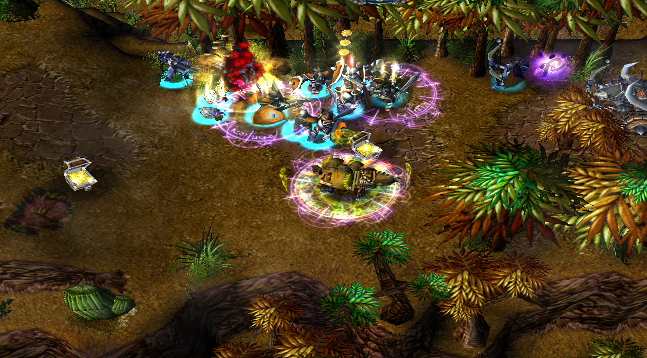 A pack horse sits on-lane with lots of aura indicators beneath it. Nearby troops have a strong blue glow beneath them, showing they are affected by many auras