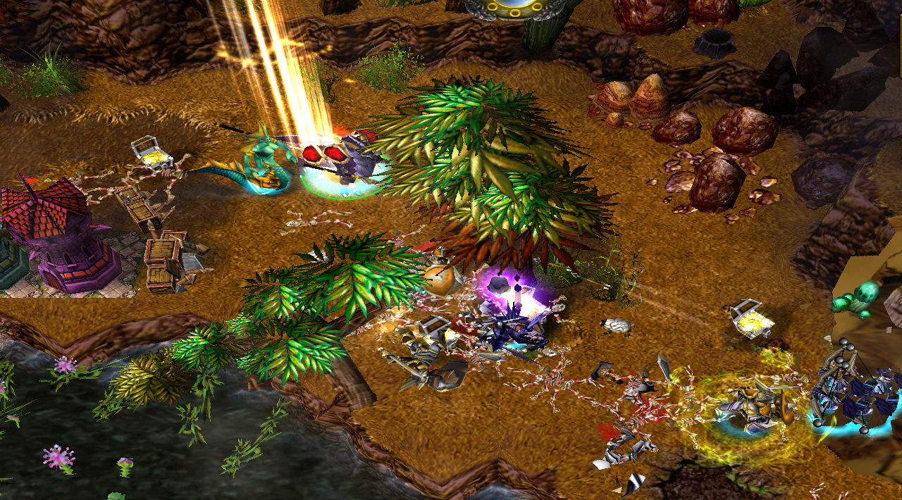 Troops clash along the shores of the lake. Many items can be seen scattered among the corpses