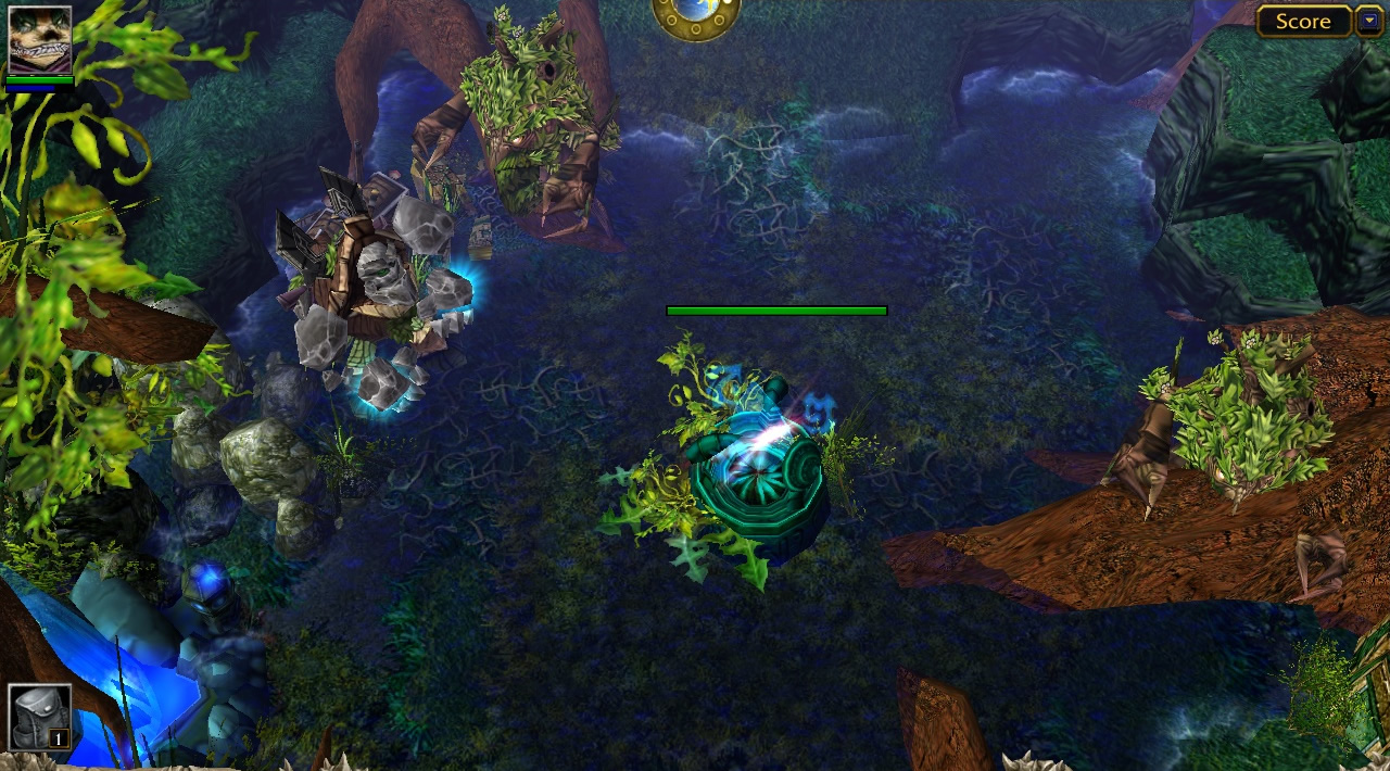 A gently glowing teal crystal lies wrapped in leaves at the base of a large shallow pool of water. The pool has various night elf buildings in it, along with rocks and a fountain