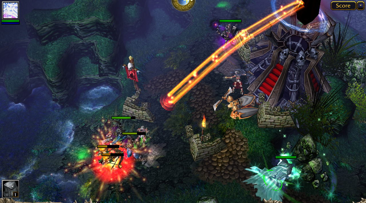 A tower is visibly many times the size of units, and pours a bolt of orange energy onto enemy troops