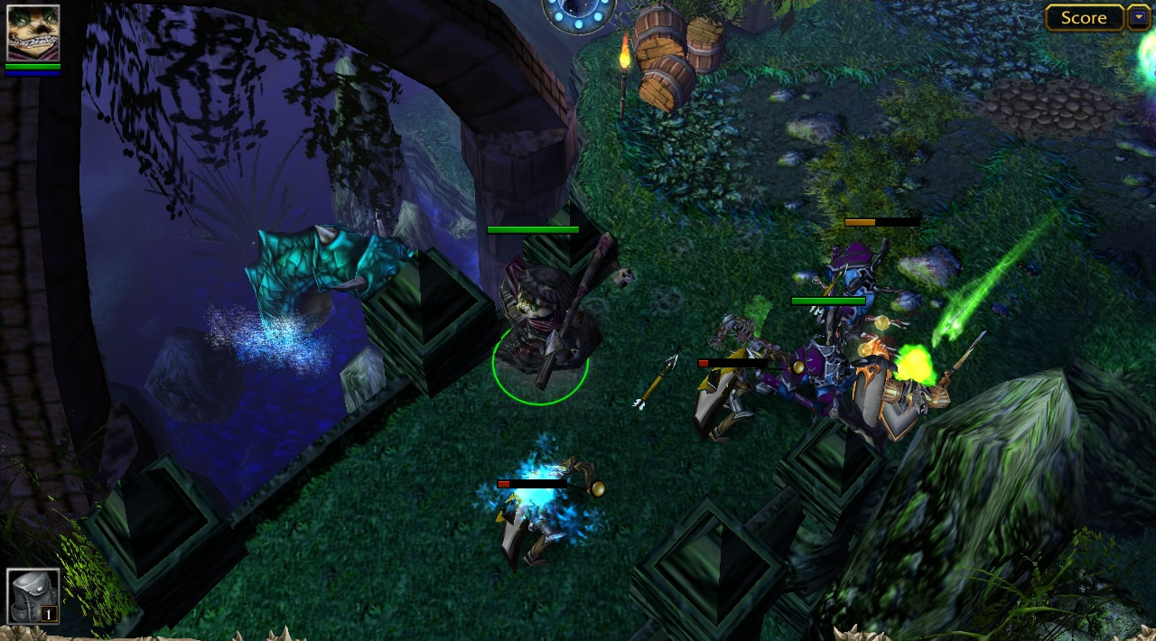 The head of a sea serpent emerges from a body of water beneath a bridge, spitting jets at units walking past