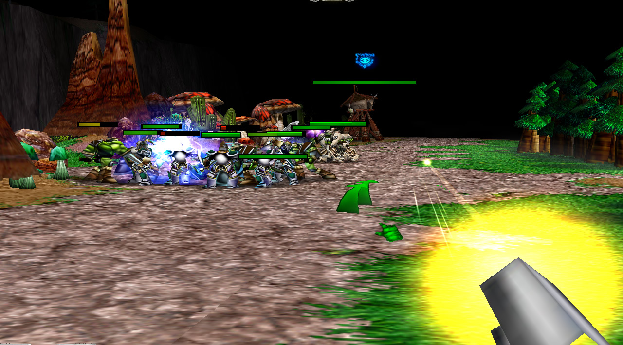 A first-person view with a rifle held in the right hand, with bullets streaking towards enemy units in response to clicks