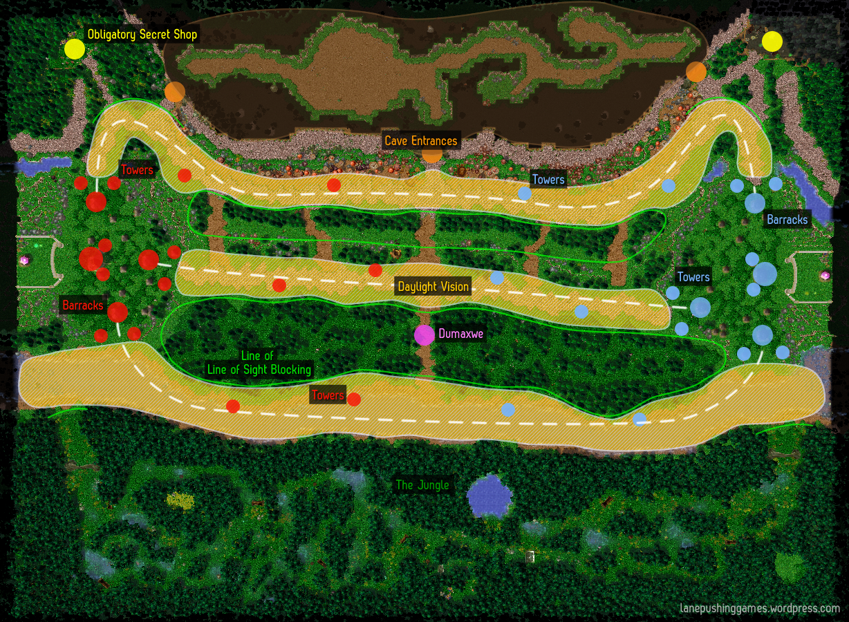 Overhead view of the battlefield, with the full area of the three lanes marked in yellow