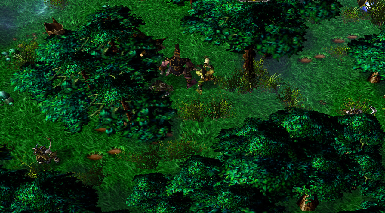A few jungle creeps are visible behind a lot of tall, visibility-obstructing trees